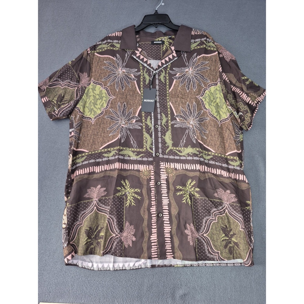 Murano Shirt Mens 2XB Brown Hawaiian Crocodile Short Sleeve Tropical Print NWT